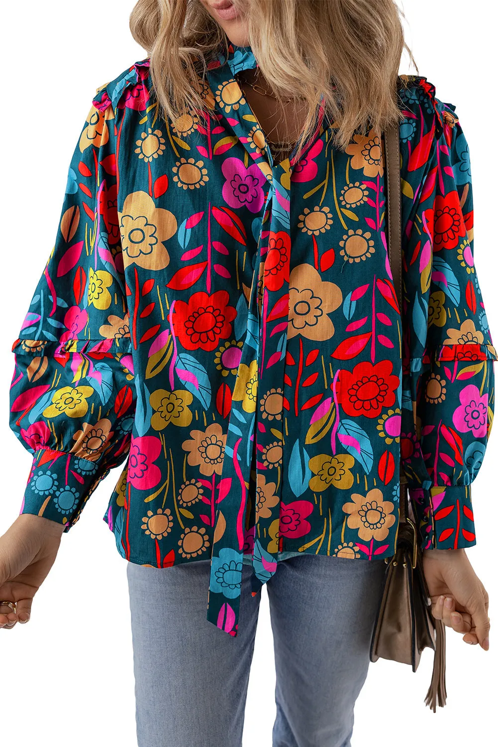 Floral Knot Split Neck Puff Sleeve Blouse