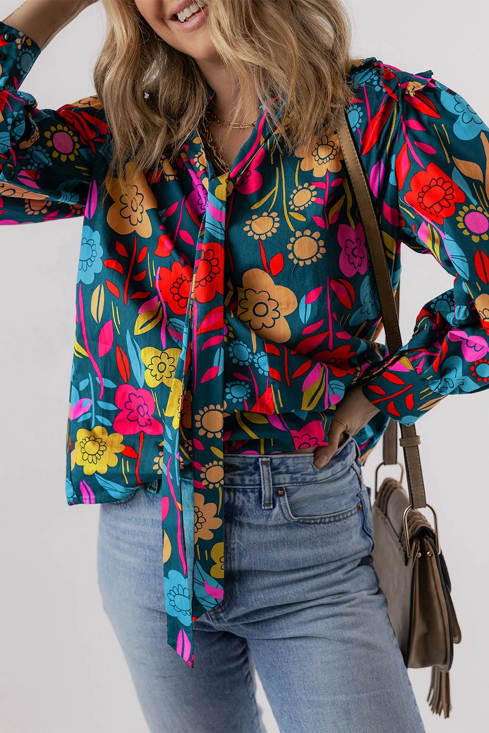 Floral Knot Split Neck Puff Sleeve Blouse