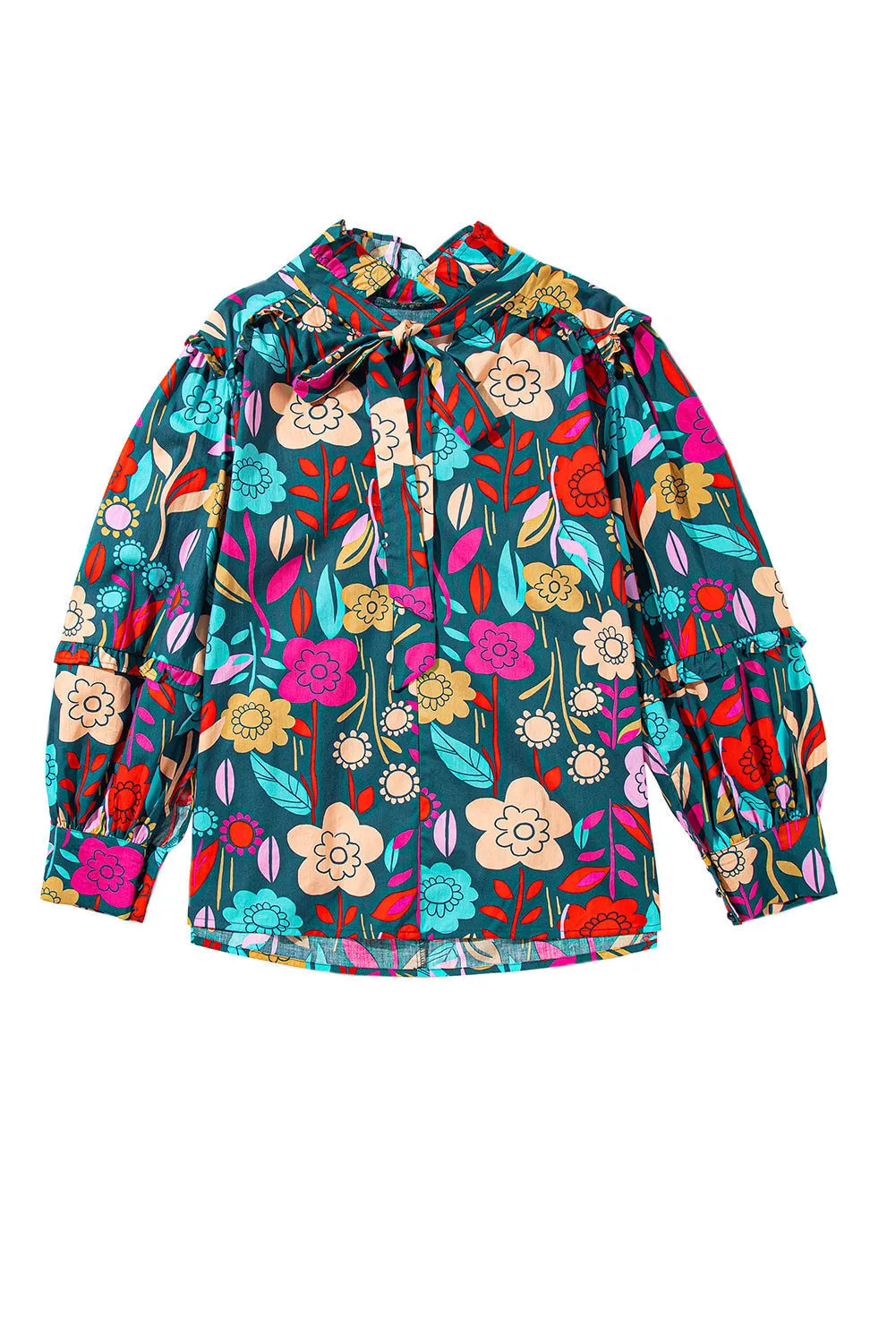 Floral Knot Split Neck Puff Sleeve Blouse