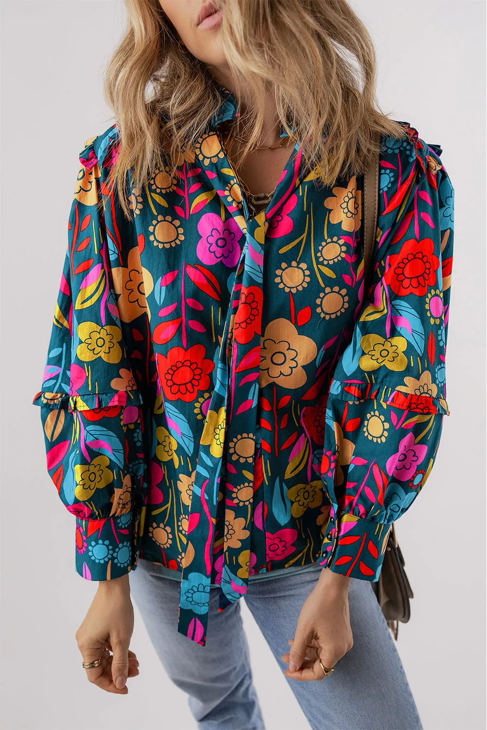 Floral Knot Split Neck Puff Sleeve Blouse