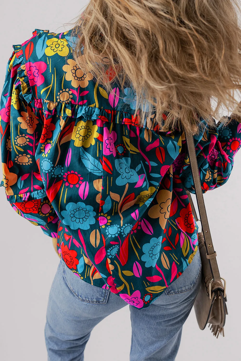 Floral Knot Split Neck Puff Sleeve Blouse