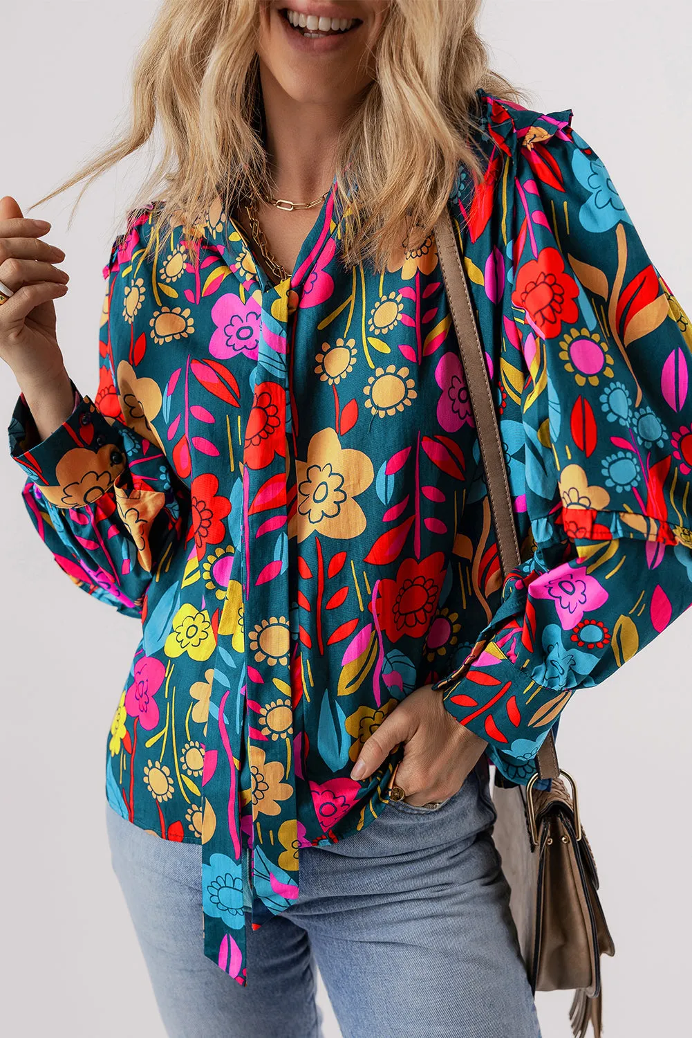 Floral Knot Split Neck Puff Sleeve Blouse
