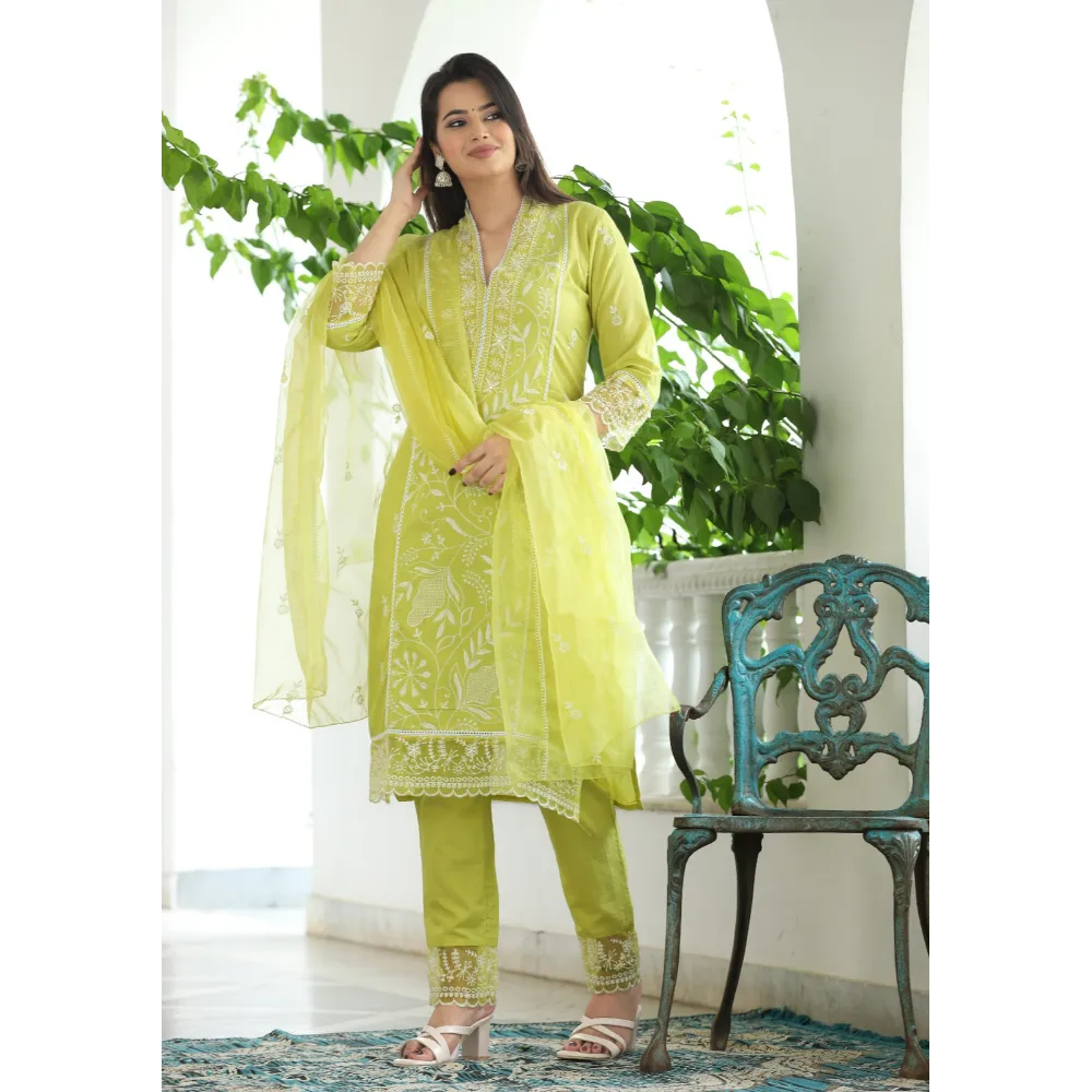 Indolady Yellow Cotton Lucknowi Suit Set