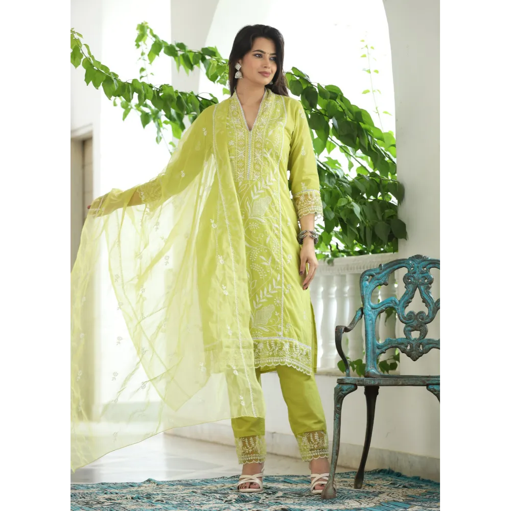 Indolady Yellow Cotton Lucknowi Suit Set