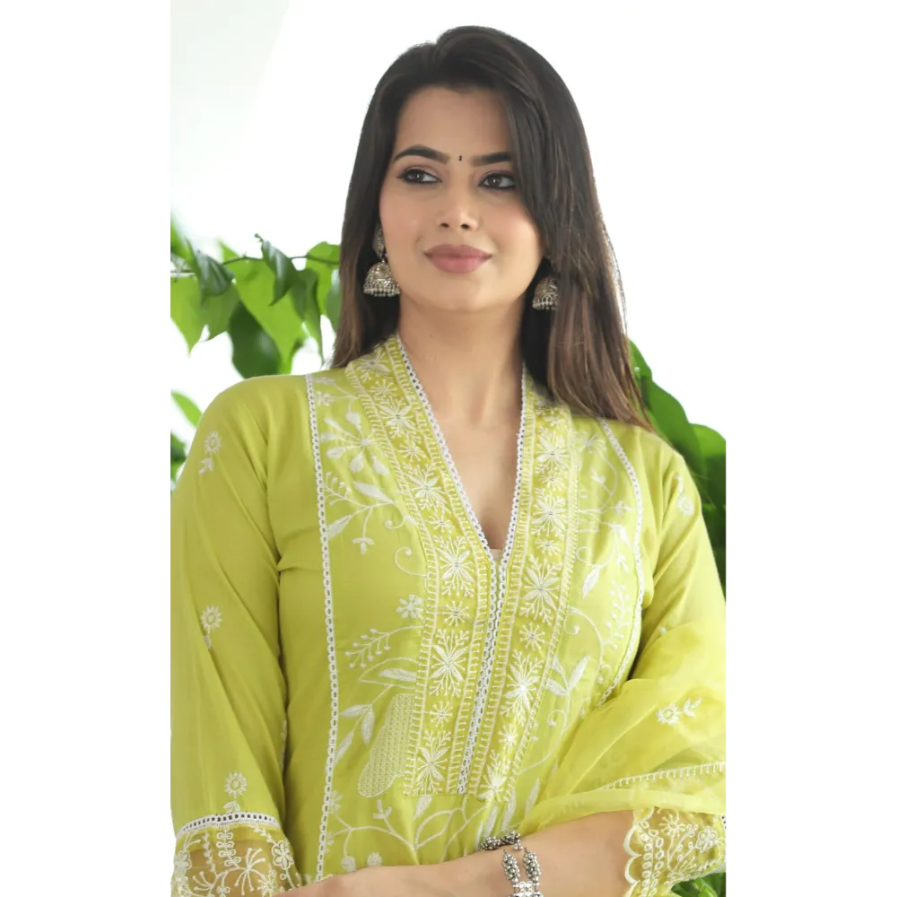 Indolady Yellow Cotton Lucknowi Suit Set