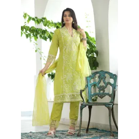 Indolady Yellow Cotton Lucknowi Suit Set