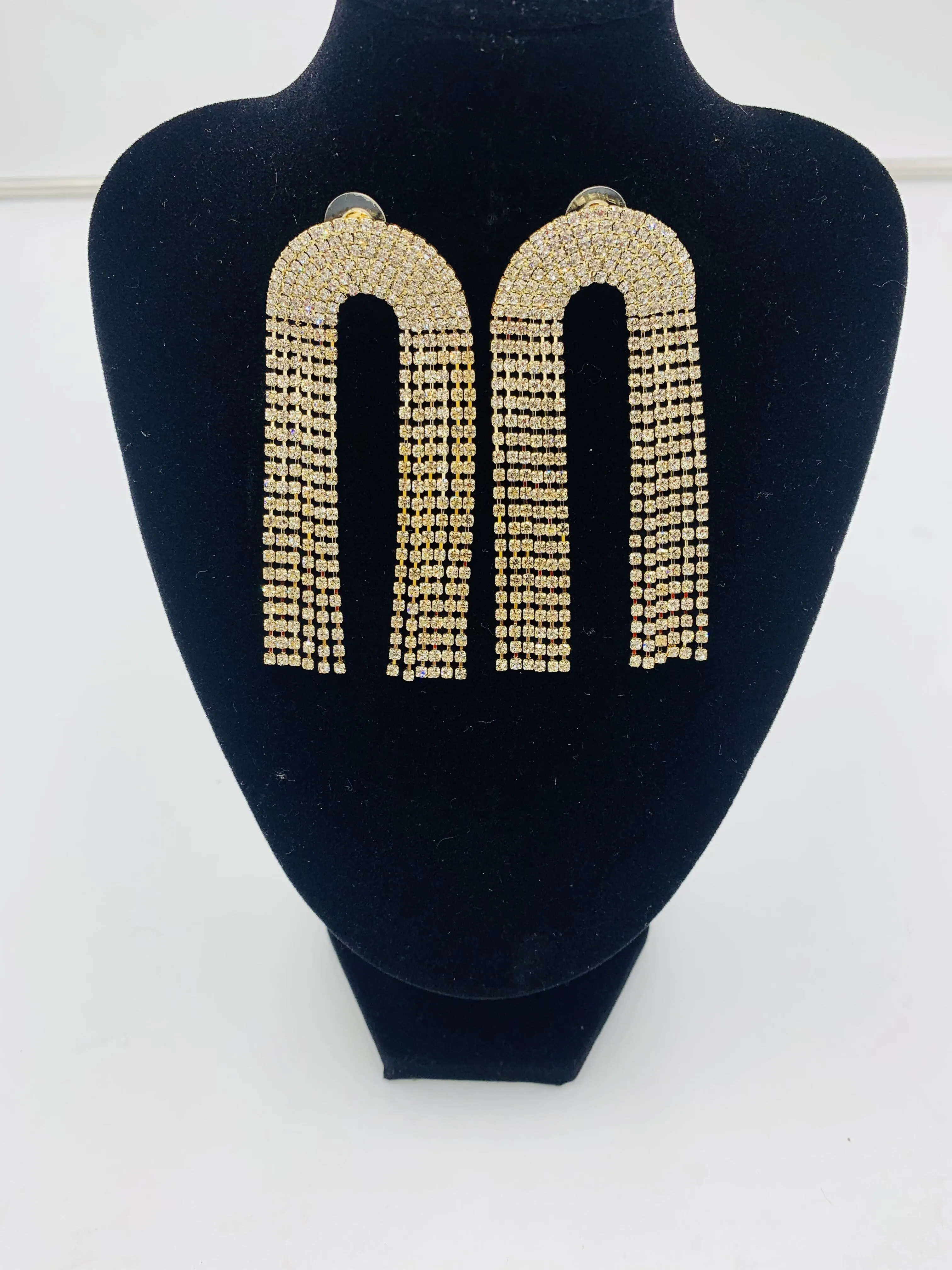 LARGE GOLD TONE ARCH FRINGE EARRINGS