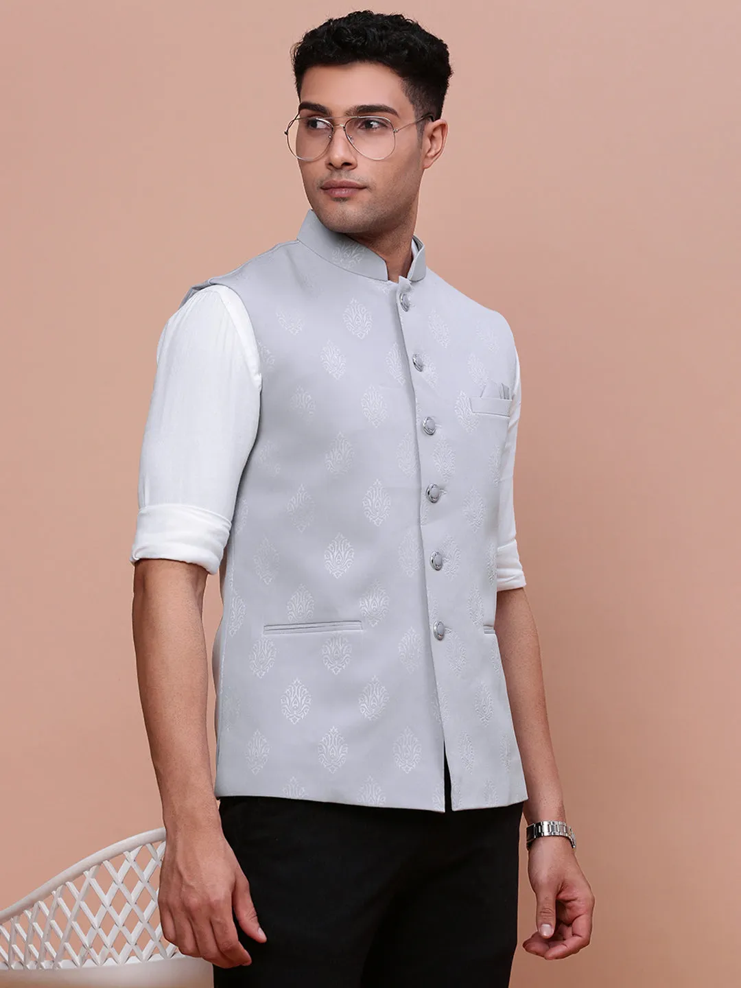 Men Woven Design Grey Slim Fit Nehru Jacket