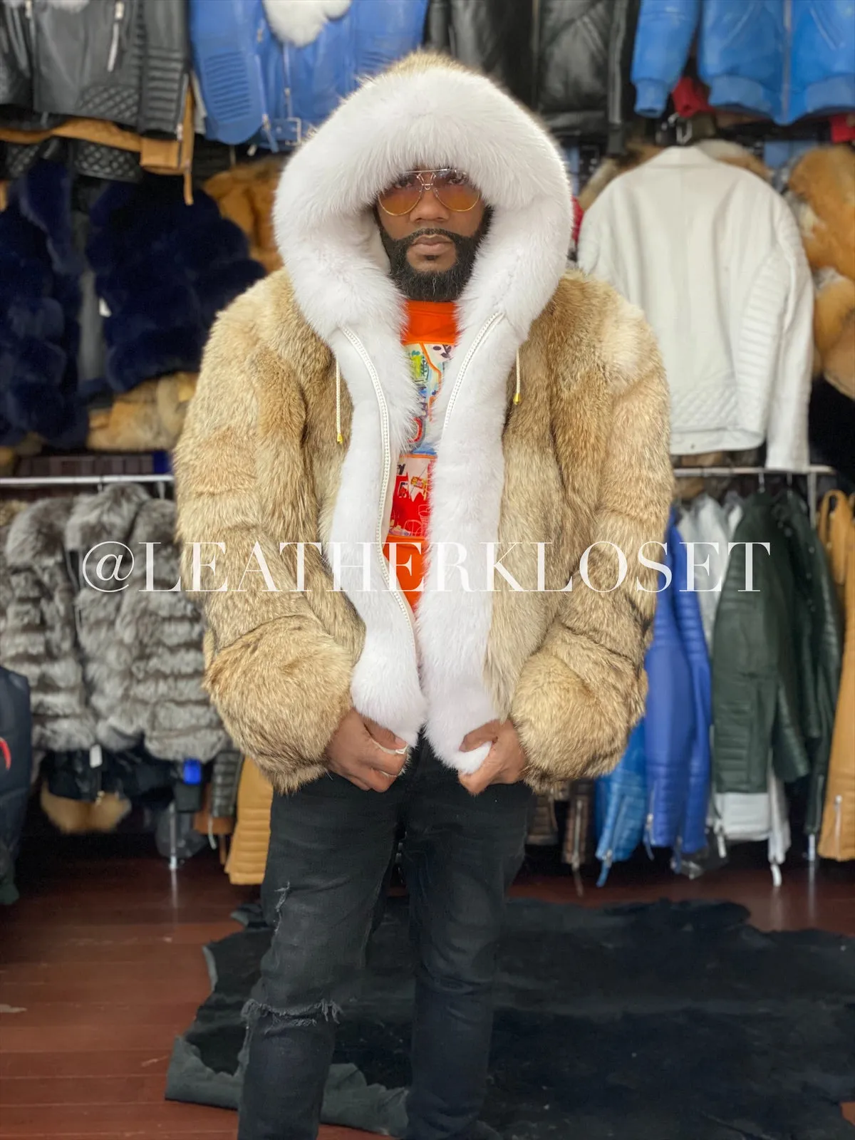 Mens Coyote Bomber Jacket with Premium Fox Fur