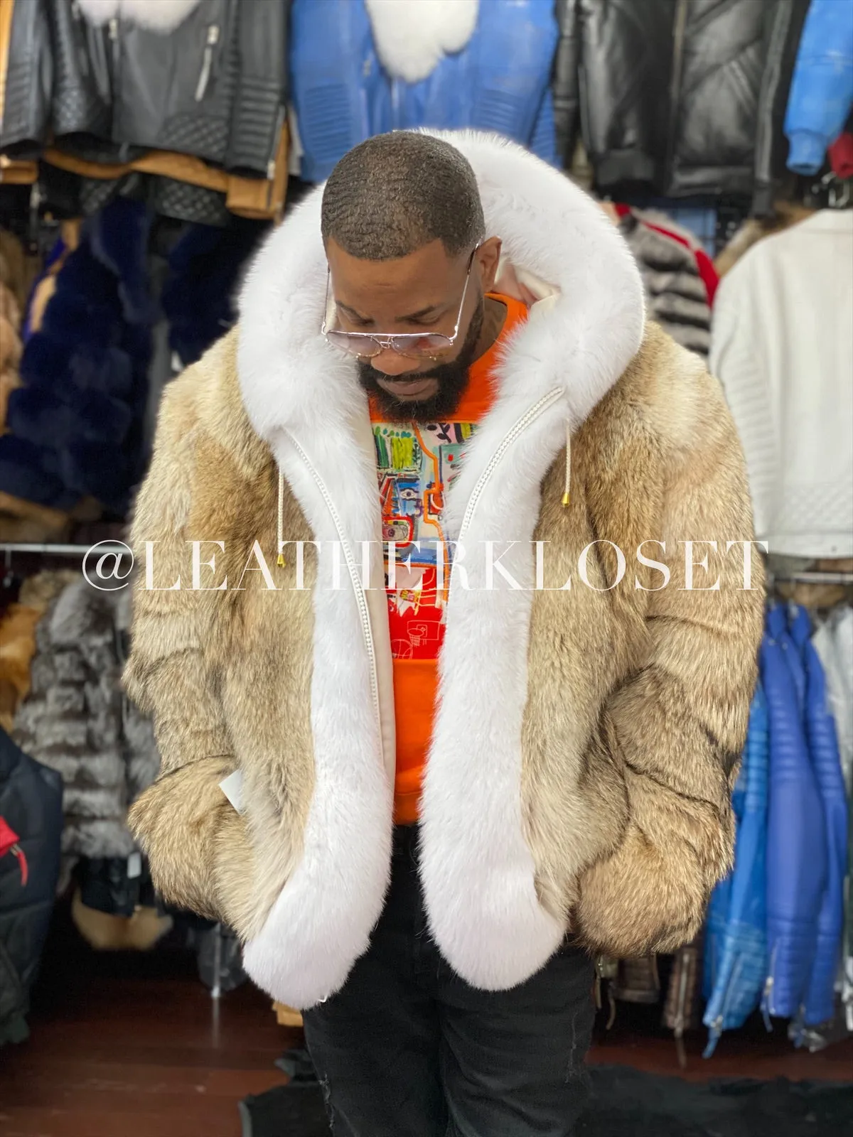 Mens Coyote Bomber Jacket with Premium Fox Fur