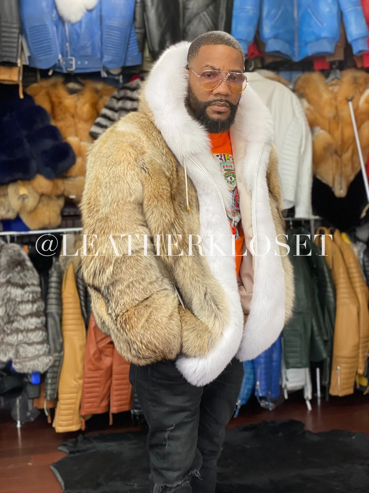 Mens Coyote Bomber Jacket with Premium Fox Fur