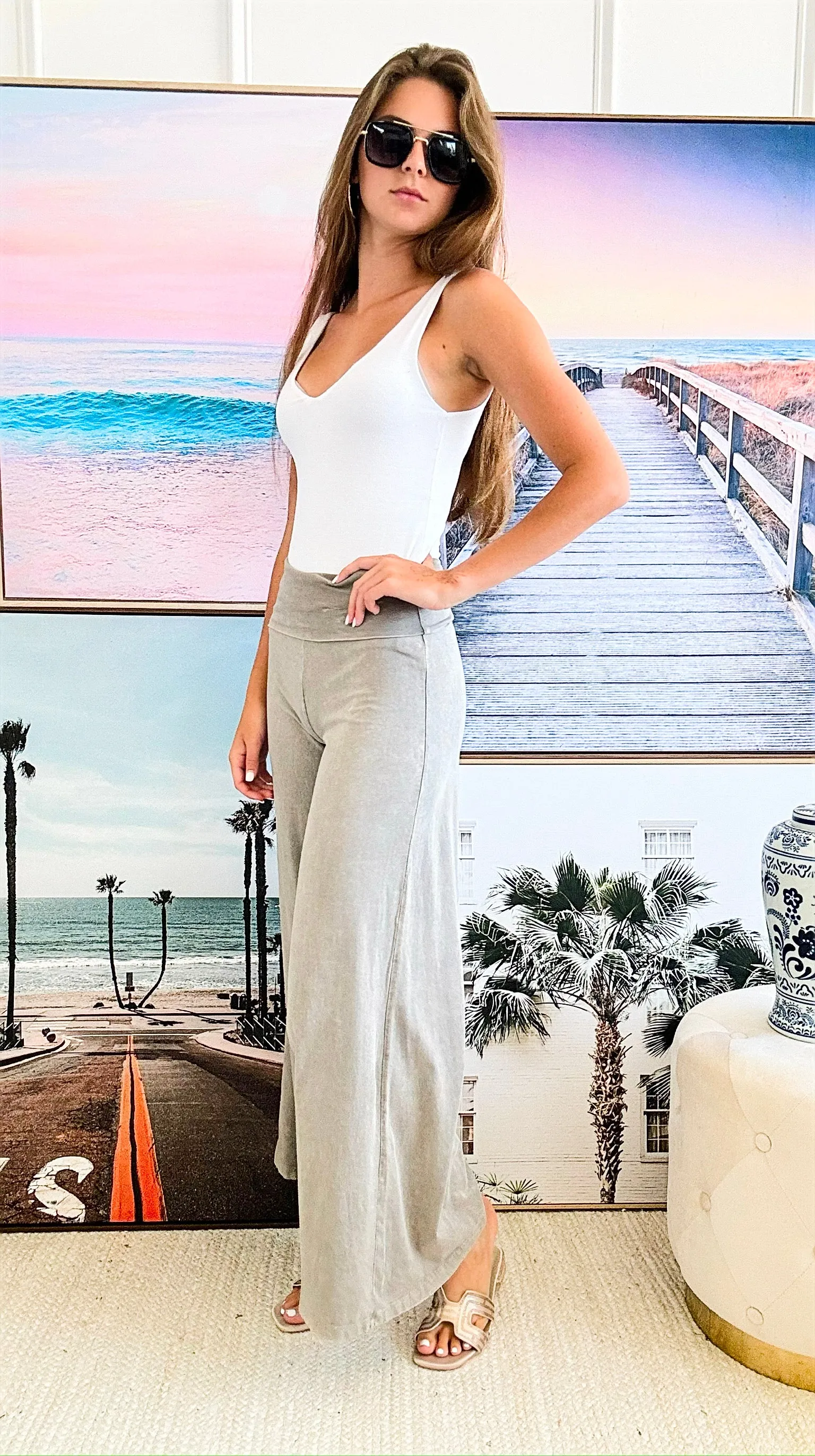 Mineral Wash Wide Leg Pants - Grey