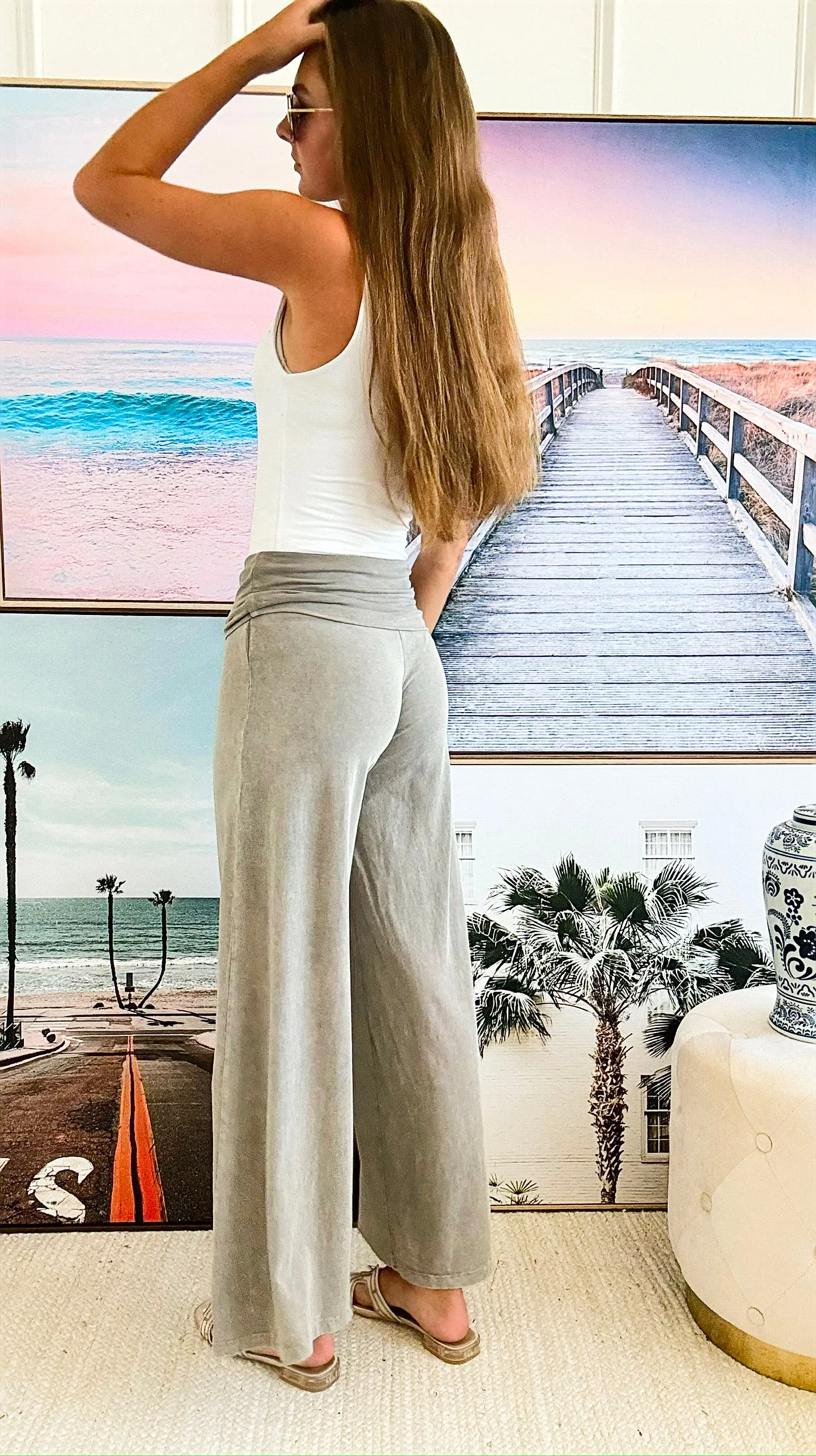 Mineral Wash Wide Leg Pants - Grey