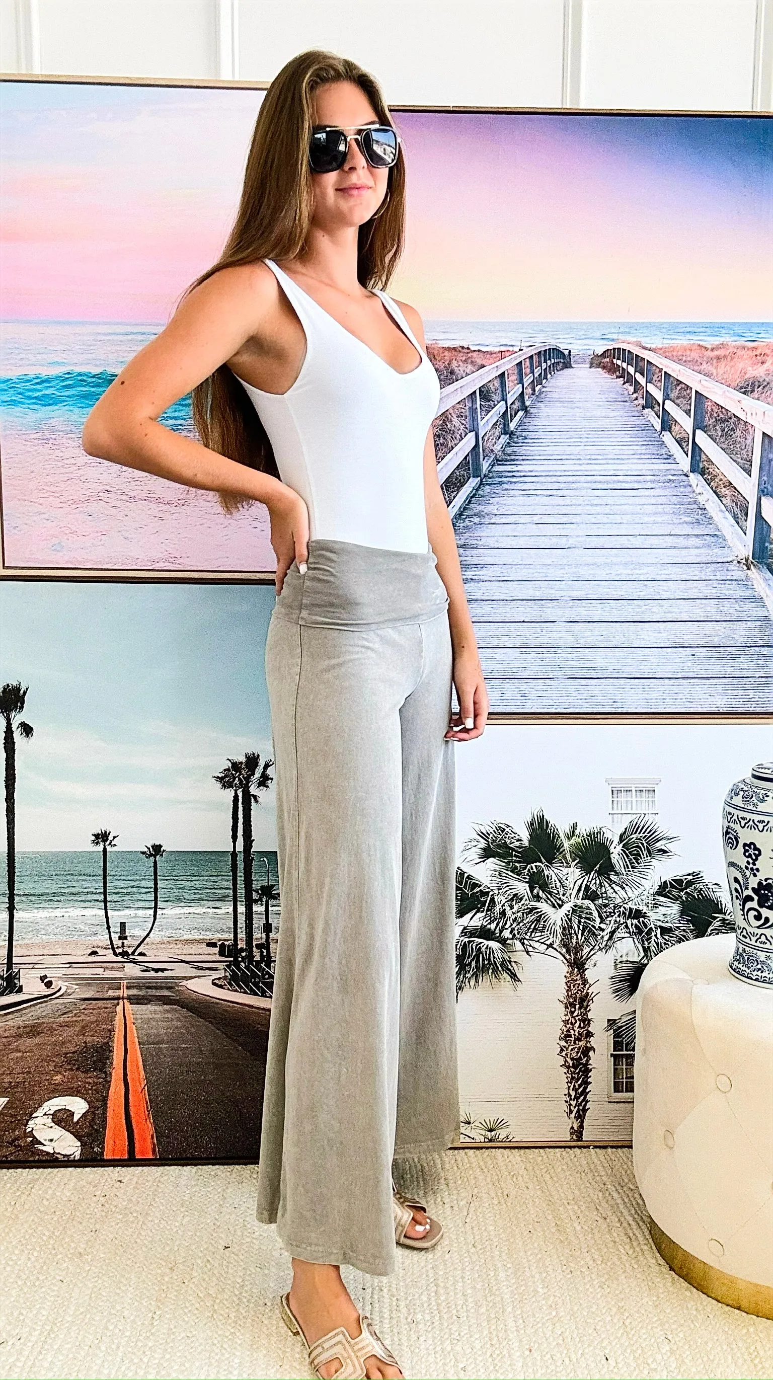 Mineral Wash Wide Leg Pants - Grey