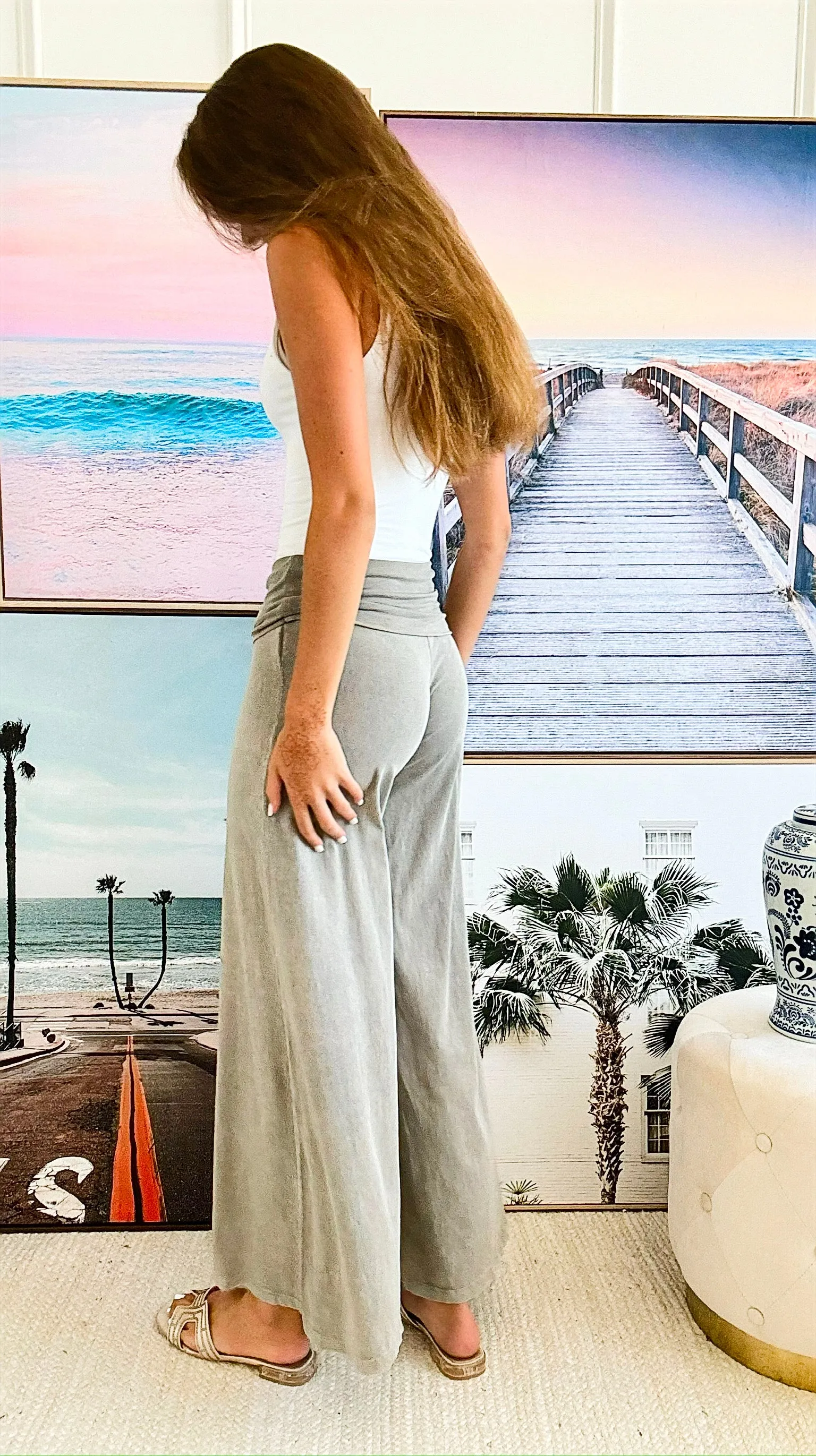 Mineral Wash Wide Leg Pants - Grey