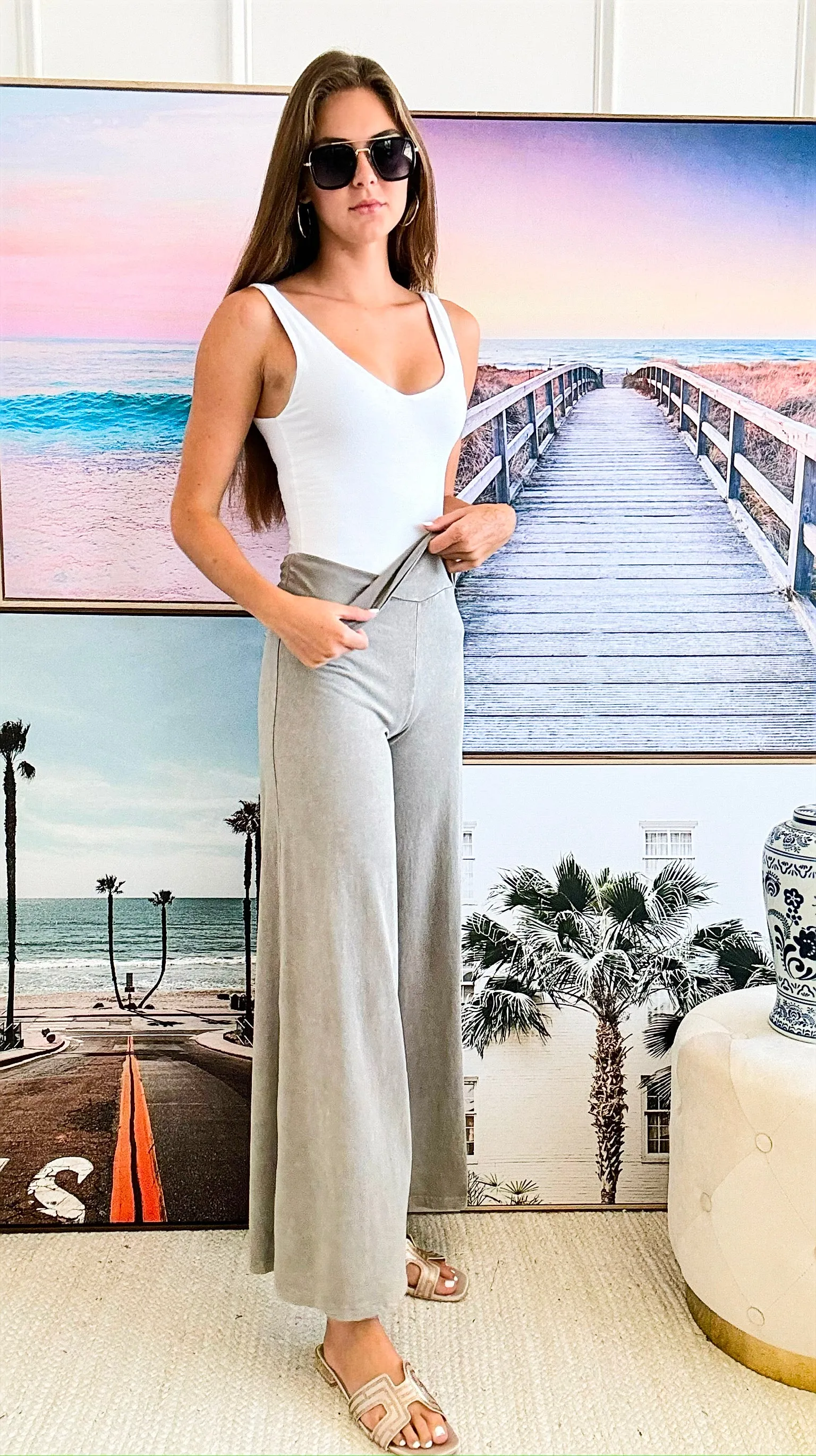 Mineral Wash Wide Leg Pants - Grey