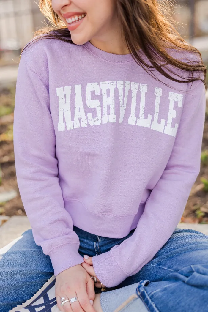 Nashville Textured Varsity Cropped Crew in Lavender