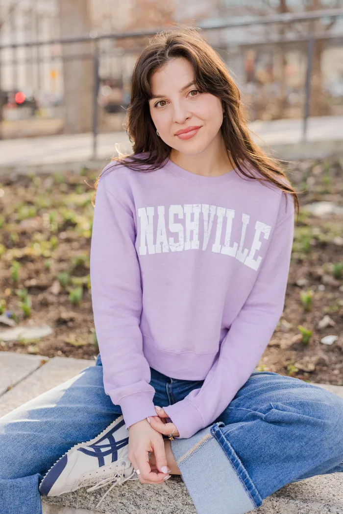 Nashville Textured Varsity Cropped Crew in Lavender