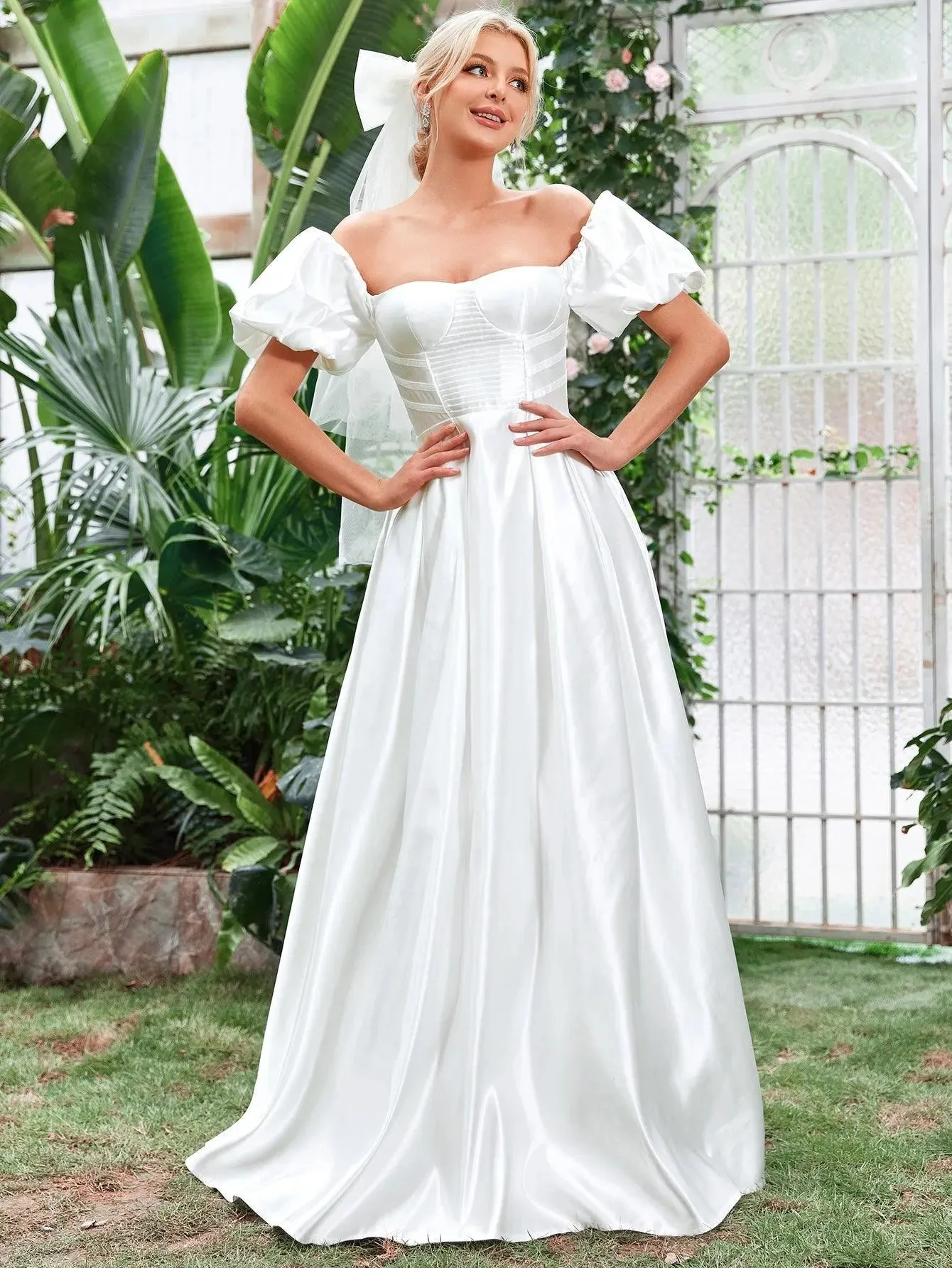 Off Shoulder Puff Sleeve Satin Wedding Dress