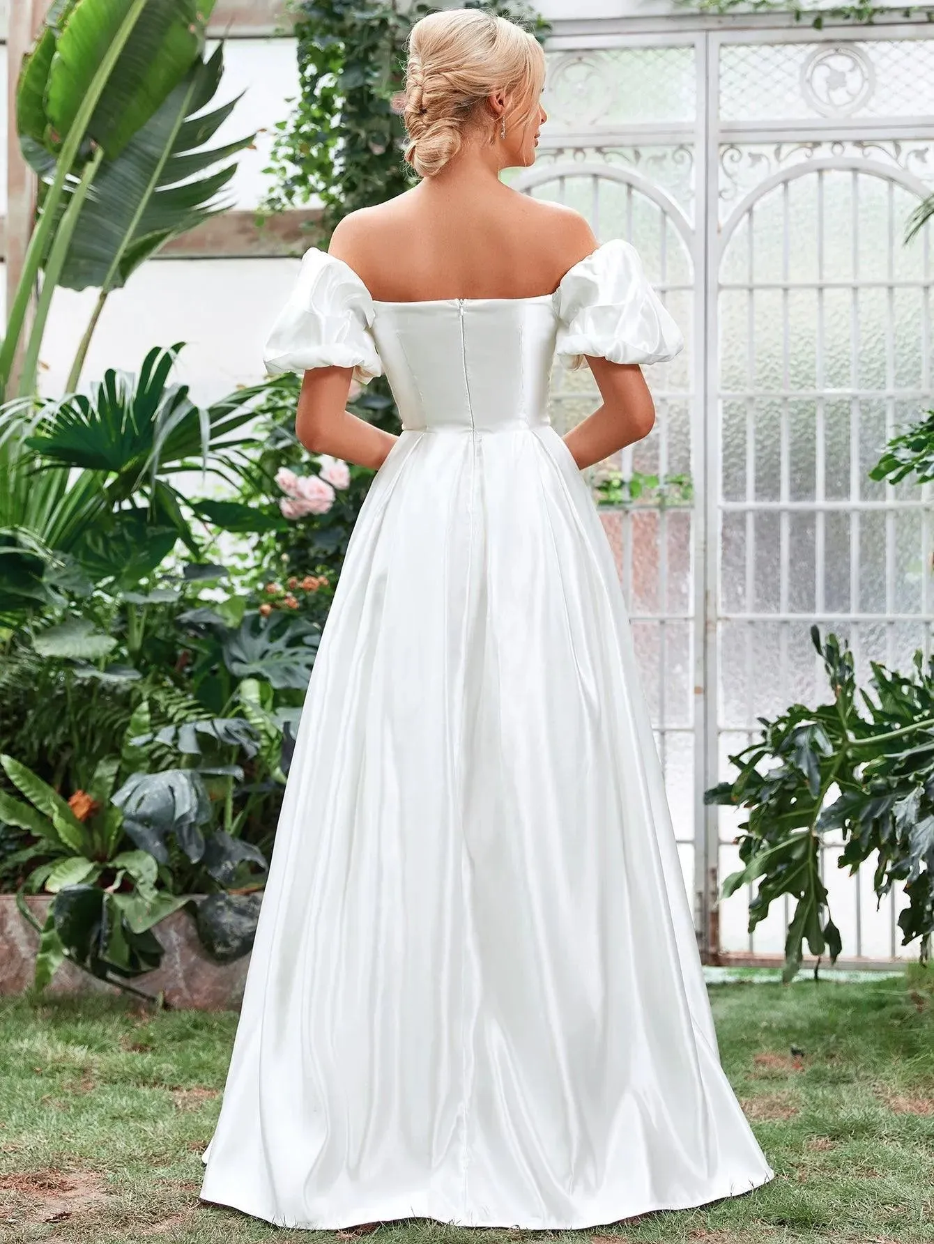 Off Shoulder Puff Sleeve Satin Wedding Dress