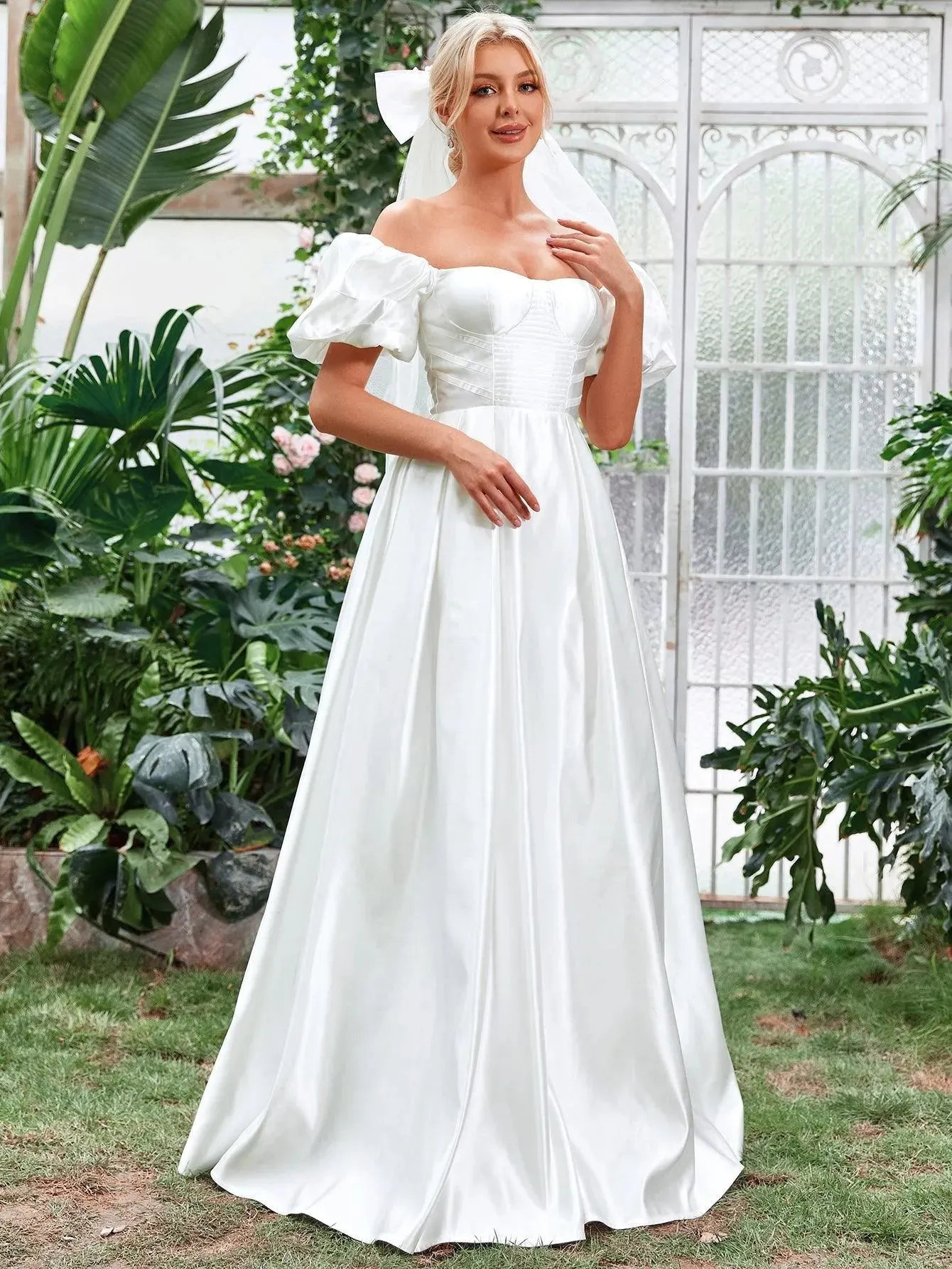 Off Shoulder Puff Sleeve Satin Wedding Dress