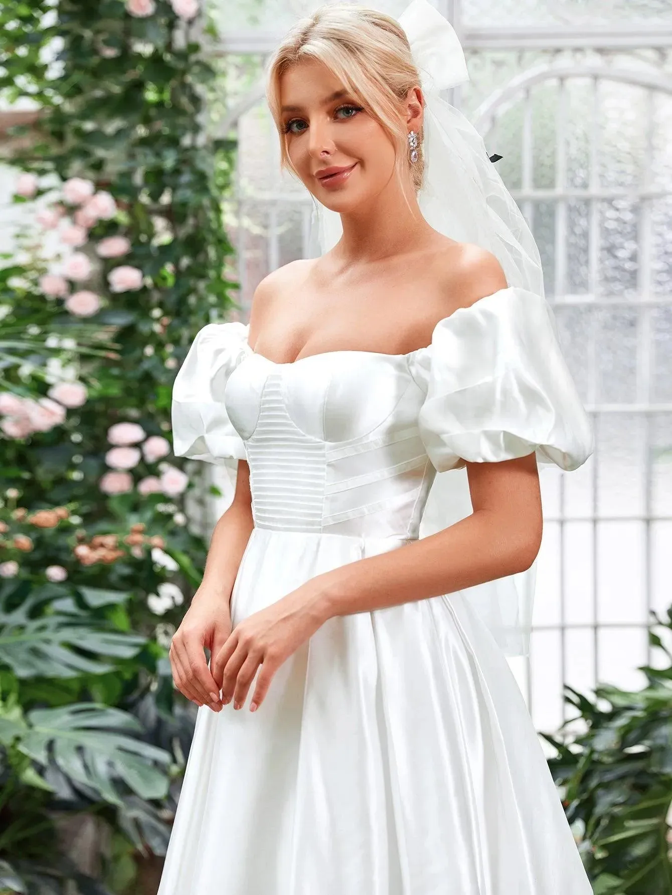 Off Shoulder Puff Sleeve Satin Wedding Dress