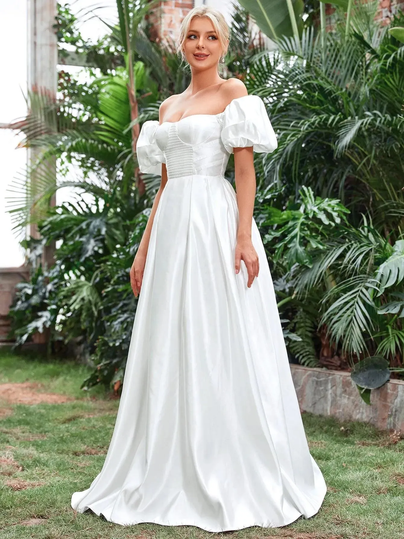 Off Shoulder Puff Sleeve Satin Wedding Dress