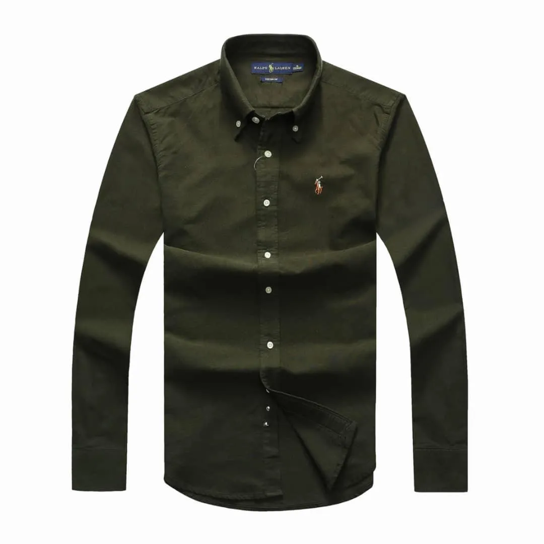 PRL Logo embroidered Ash Button Down Long Sleeve Green Shirt