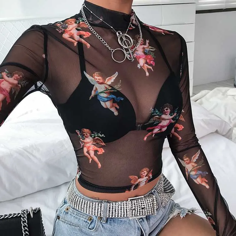 Retro Angel Cherub Printed Sheer Mesh High Neck Crop Top
