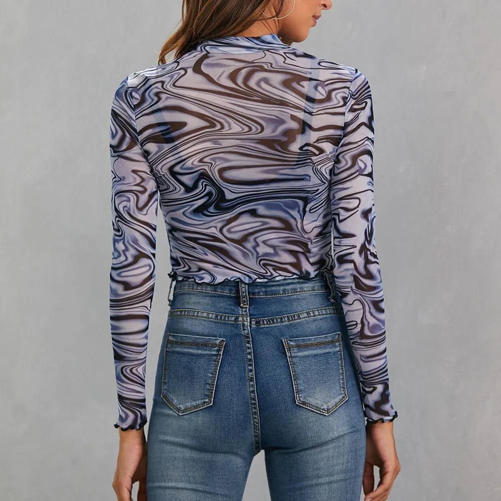 Retro Angel Cherub Printed Sheer Mesh High Neck Crop Top