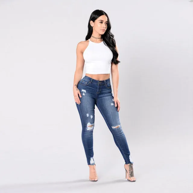Ripped Knee Womens Jeans  Denim Pants Skinny Fit Stretch High Waisted