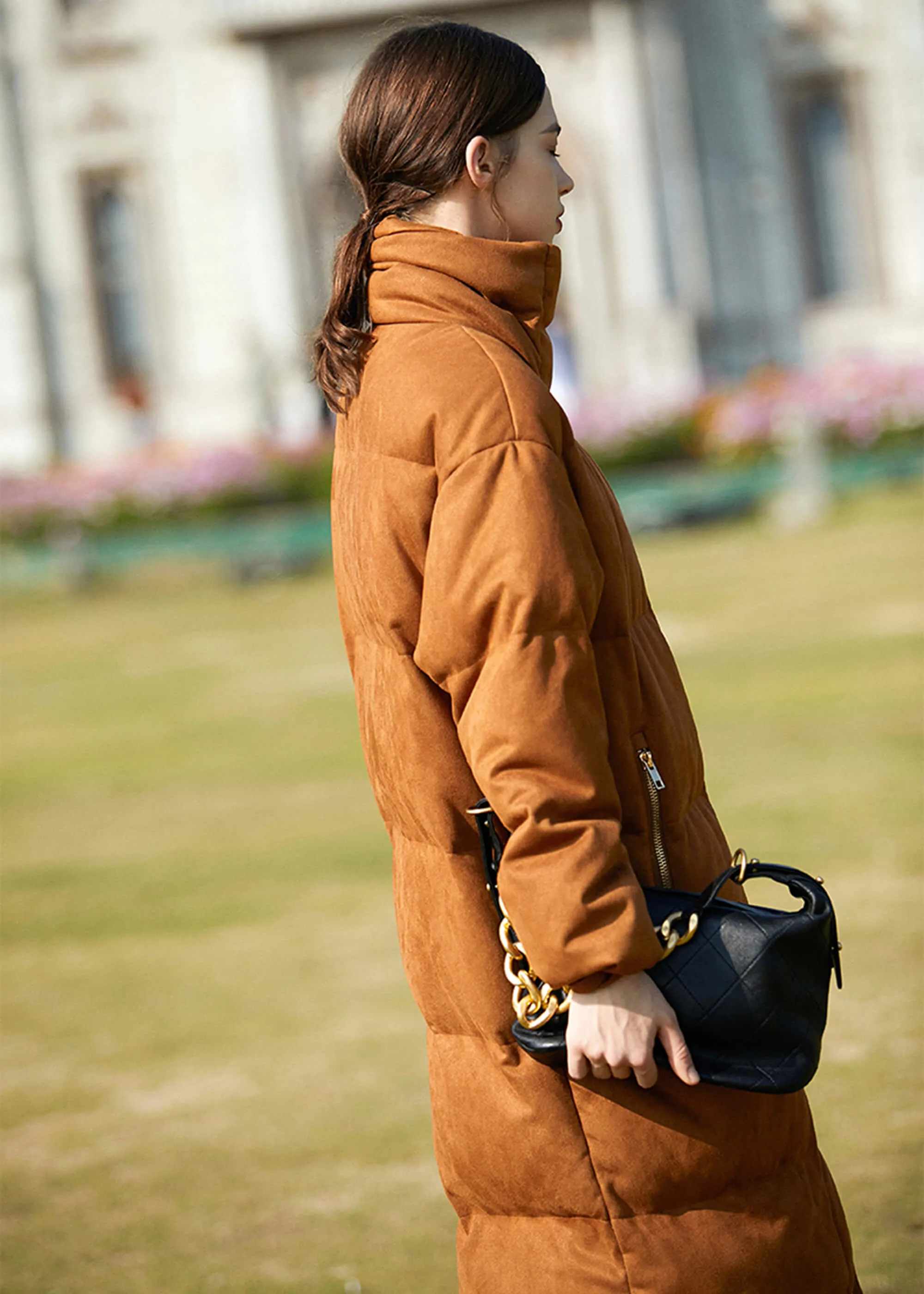 Suede Long Down Puffer Parka Coat