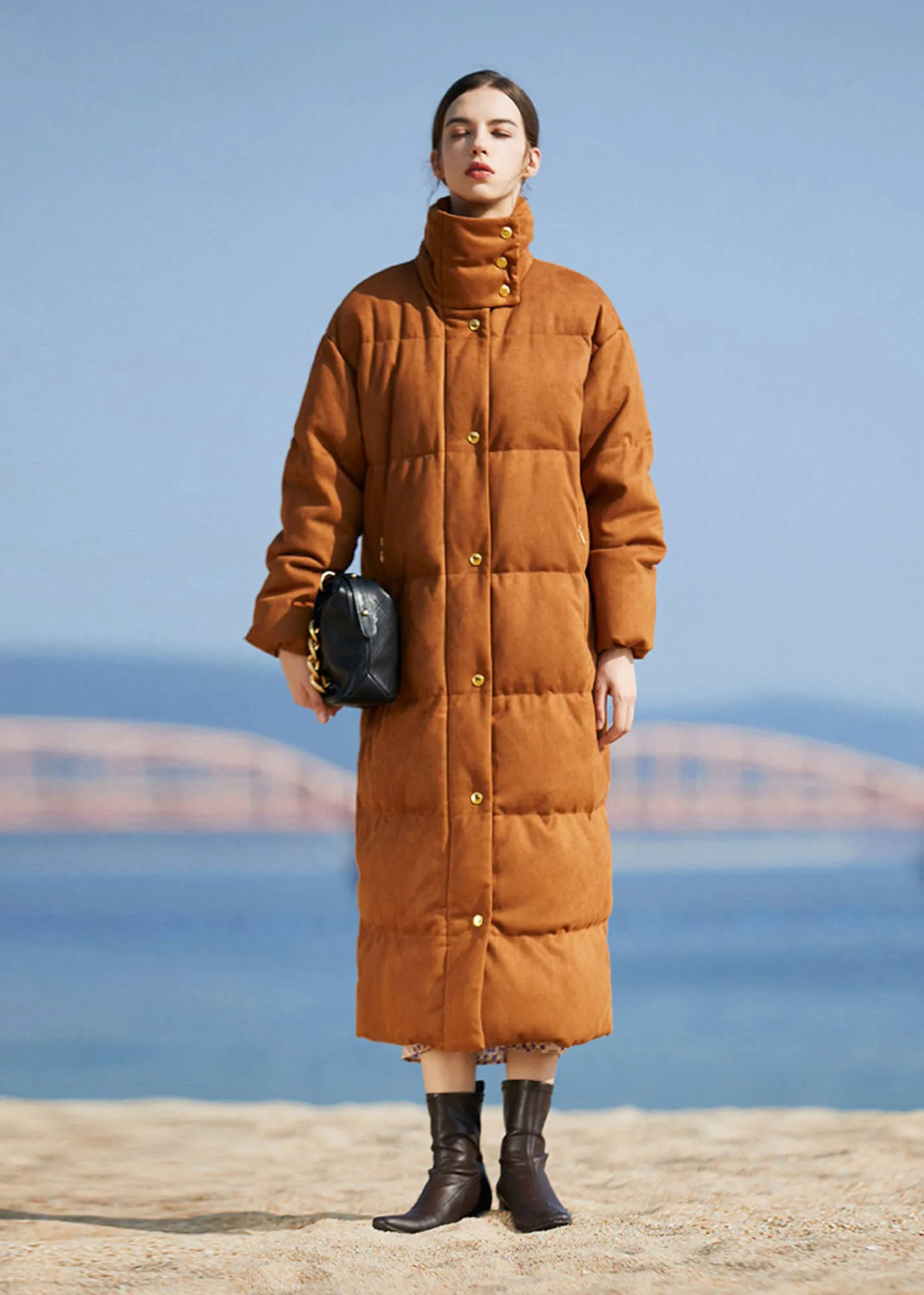 Suede Long Down Puffer Parka Coat