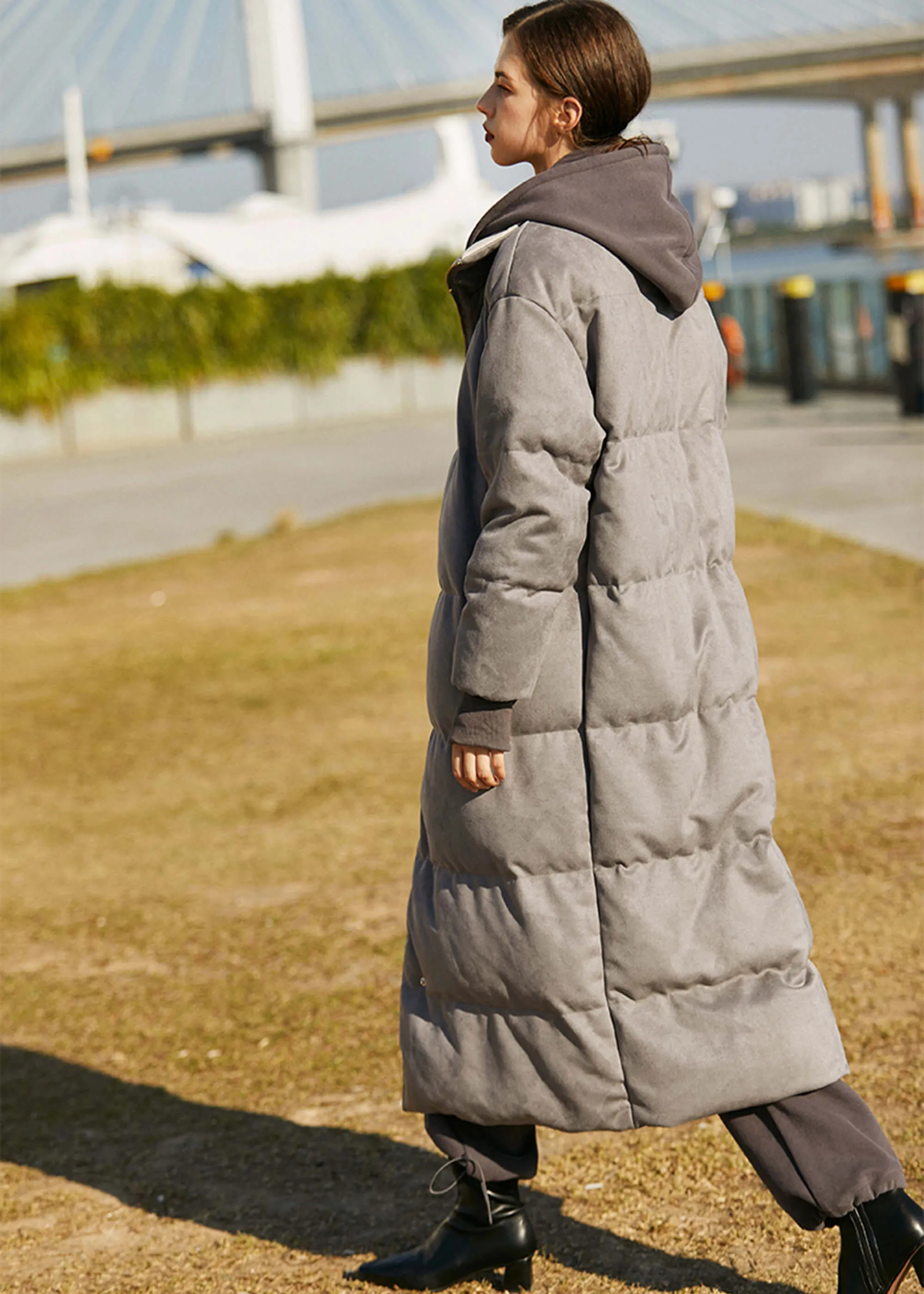 Suede Long Down Puffer Parka Coat