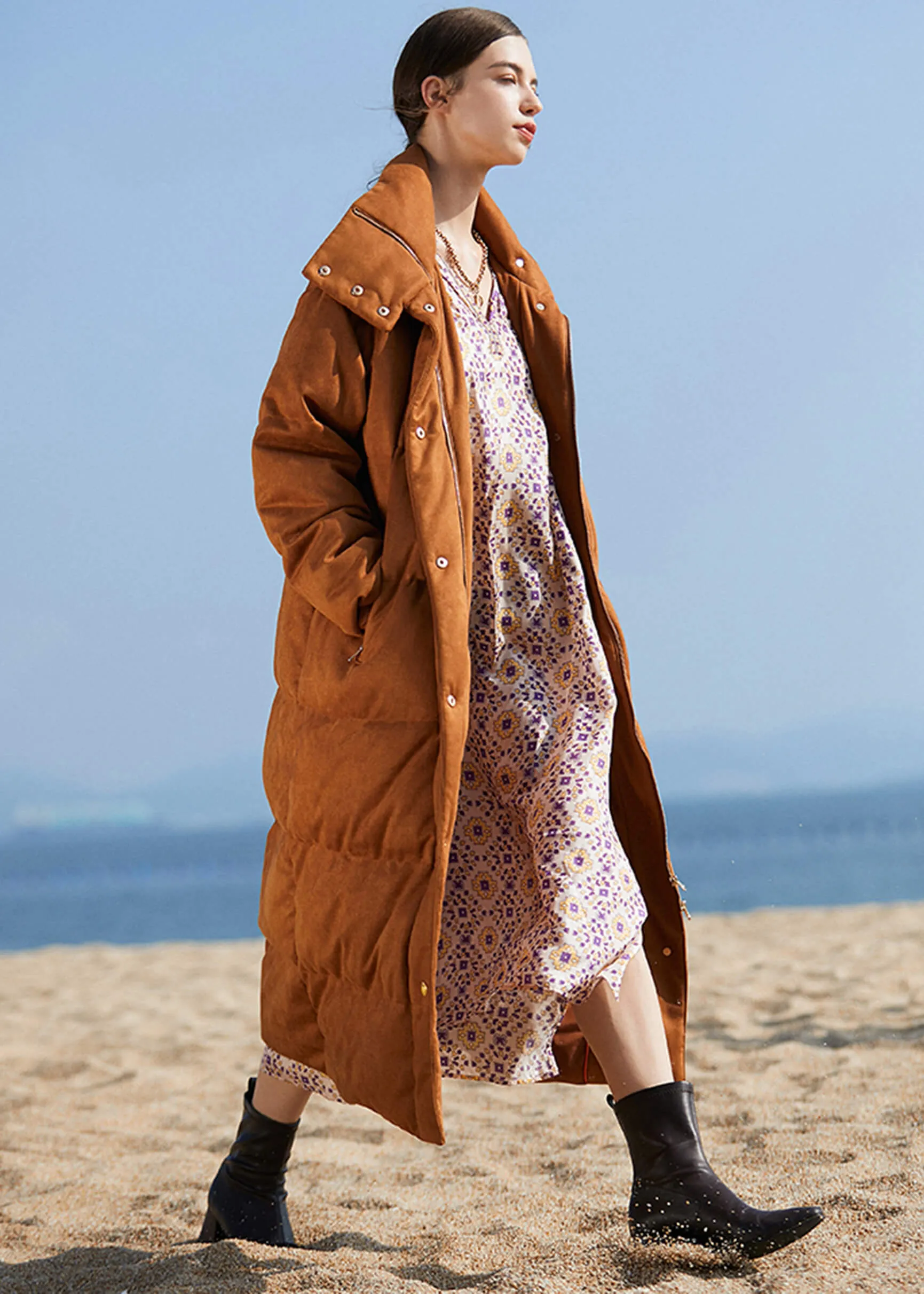 Suede Long Down Puffer Parka Coat