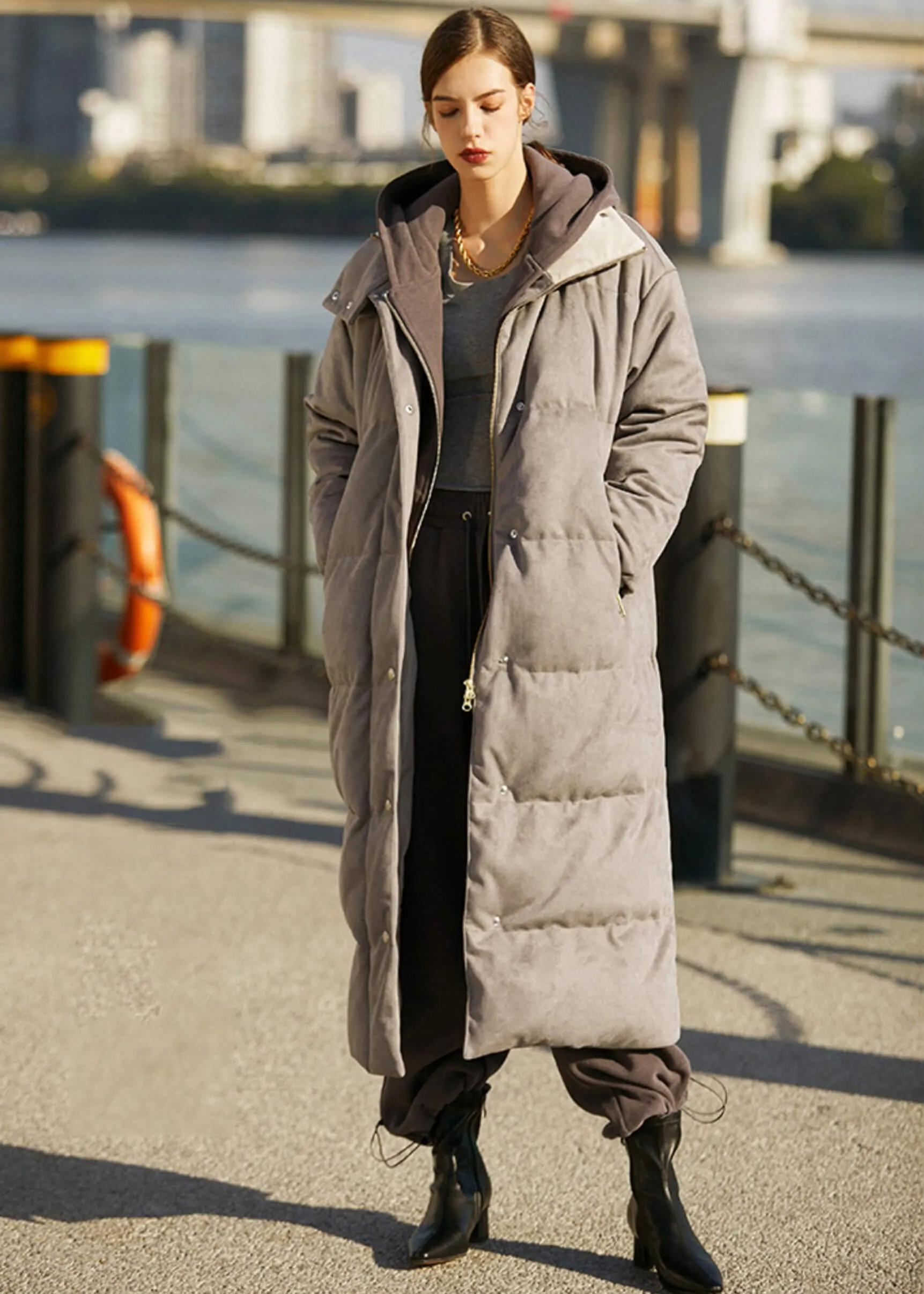 Suede Long Down Puffer Parka Coat