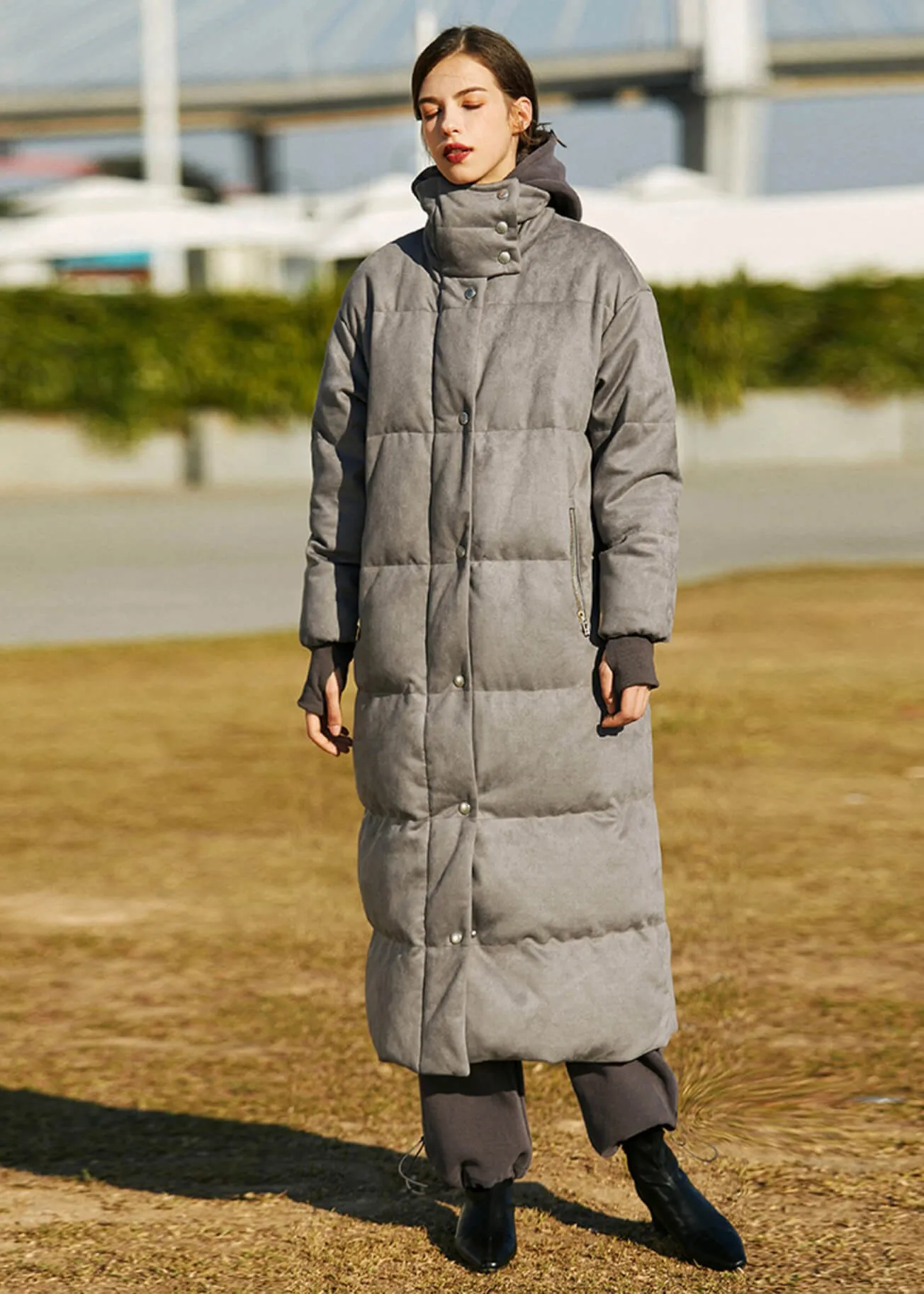 Suede Long Down Puffer Parka Coat