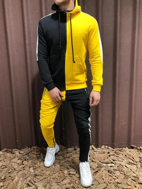 Two Pieces Set Men Half Black Half White Men's Sports Suit