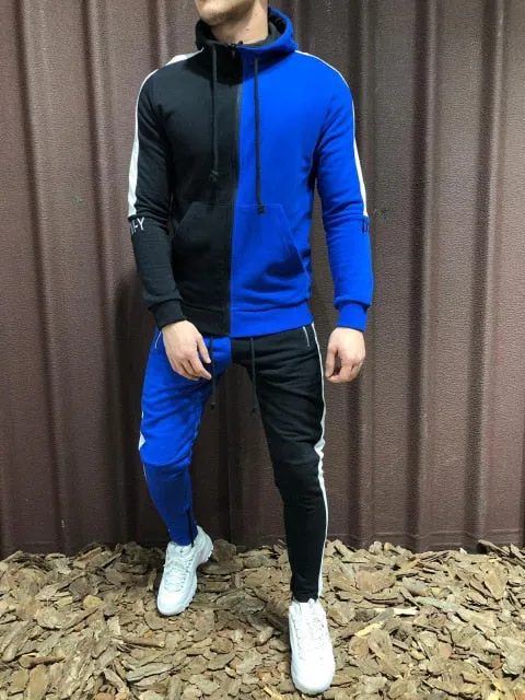 Two Pieces Set Men Half Black Half White Men's Sports Suit