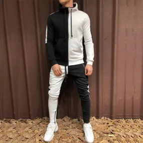 Two Pieces Set Men Half Black Half White Men's Sports Suit