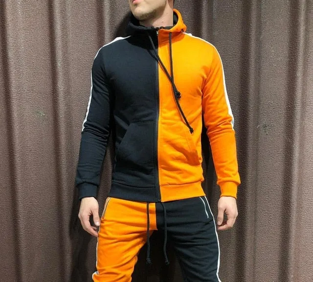 Two Pieces Set Men Half Black Half White Men's Sports Suit