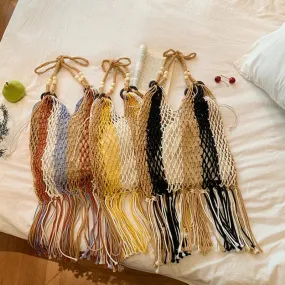 UAKISS  -  Patchwork Contrast Color Striped Shoulder Bag Vintage Hollow Out Knitted Tassel Crossbody Handbags Grunge Y2k Trendy Tote Bags