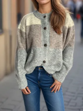 Vintage Color-Blocked Casual Knitted Sweater Cardigan Grey