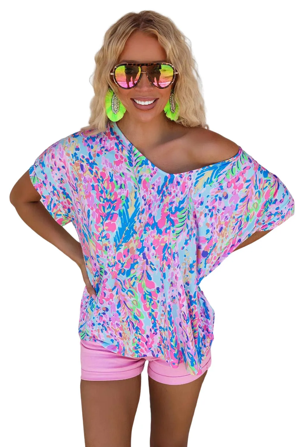 Women's Casual Loose Short Sleeve Tee Painted Floral Blouse Shirt
