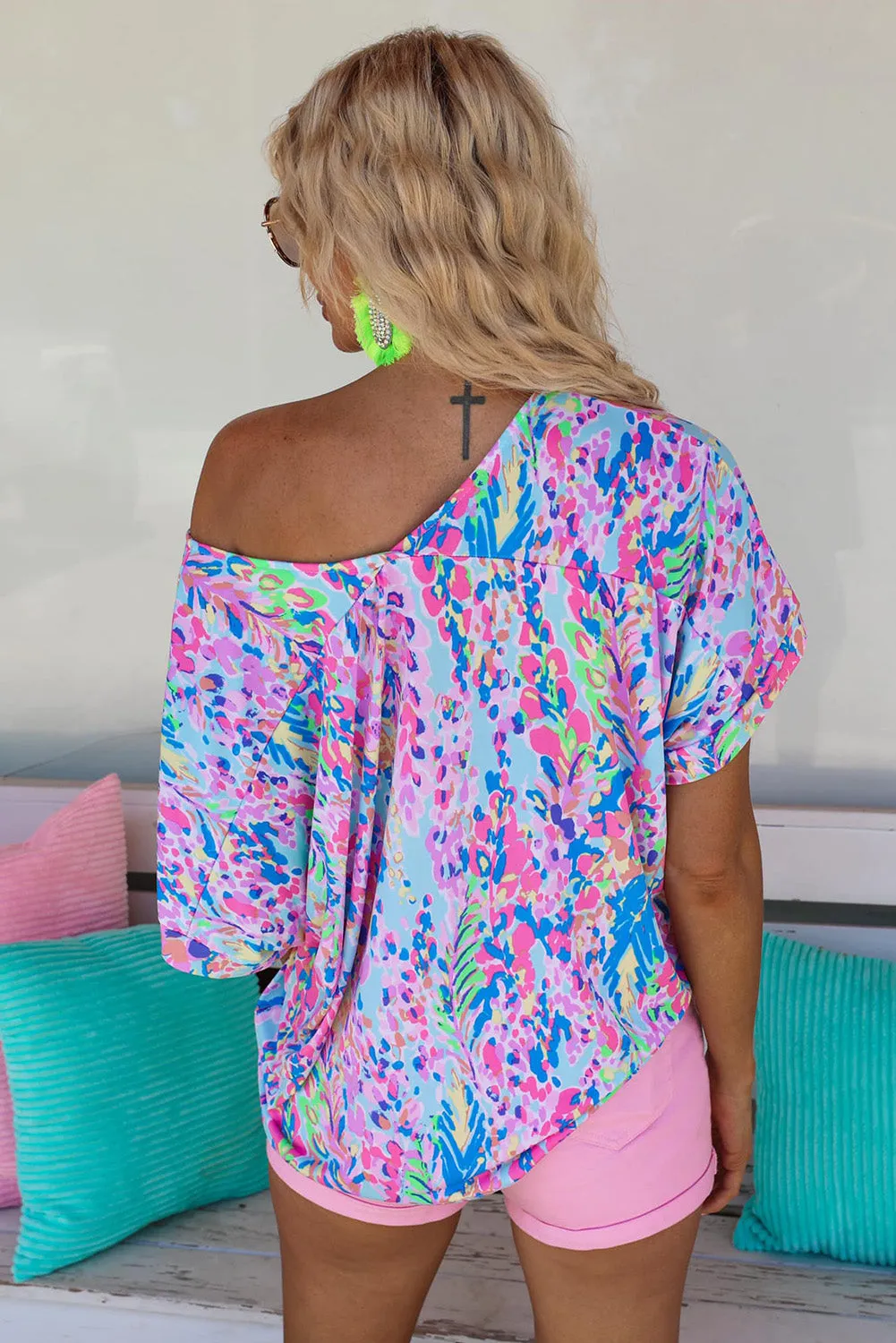 Women's Casual Loose Short Sleeve Tee Painted Floral Blouse Shirt