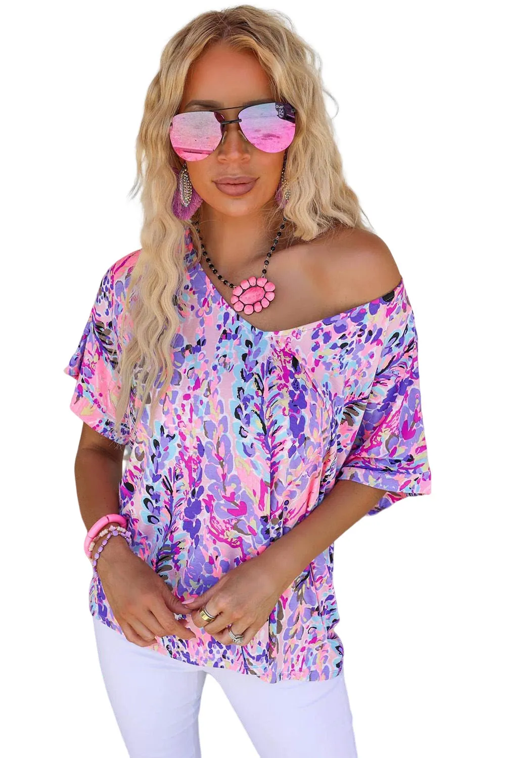 Women's Casual Loose Short Sleeve Tee Painted Floral Blouse Shirt