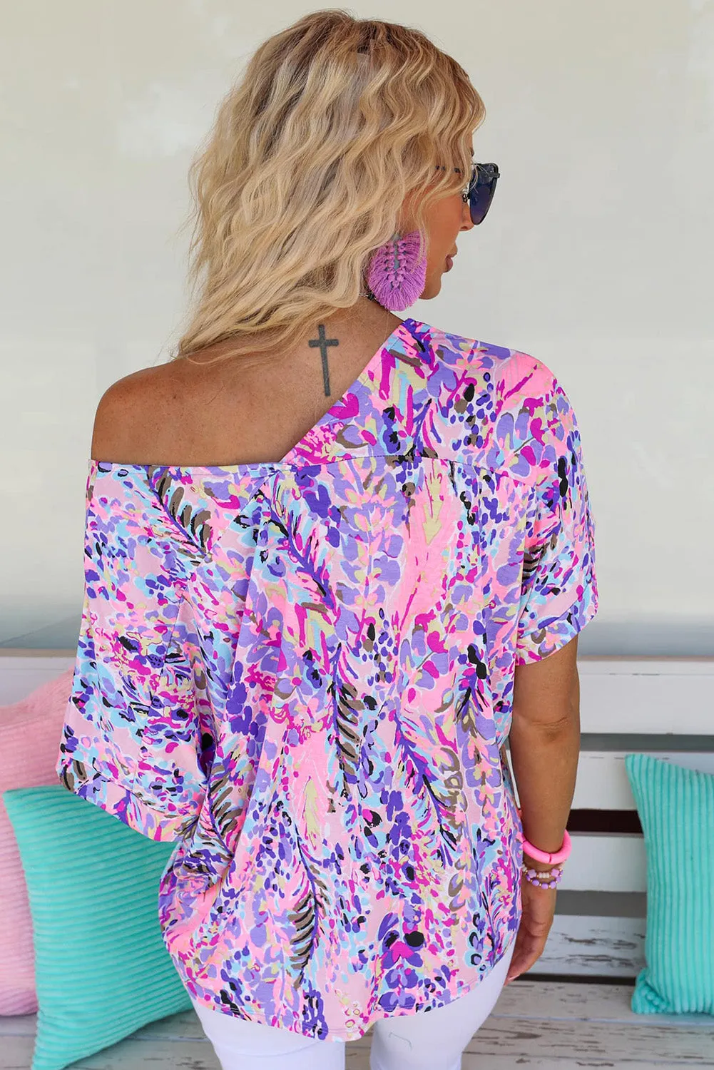 Women's Casual Loose Short Sleeve Tee Painted Floral Blouse Shirt