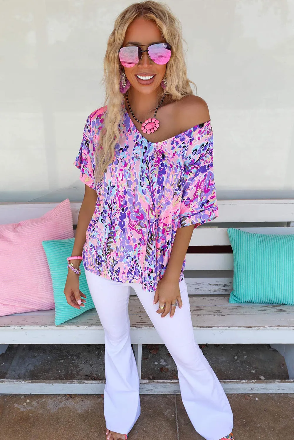 Women's Casual Loose Short Sleeve Tee Painted Floral Blouse Shirt