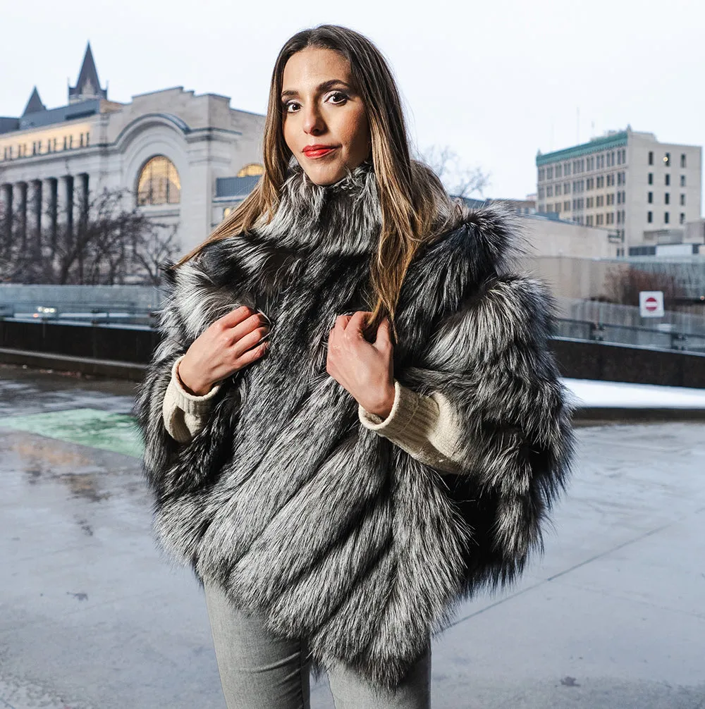 Luxurious Womens Silver Fox Fur Cape Poncho - Elegant, Cozy, and Stylish