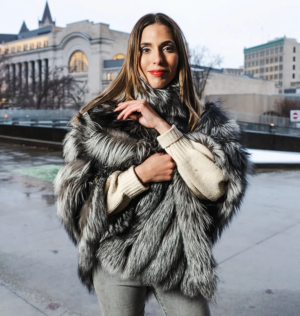 Luxurious Womens Silver Fox Fur Cape Poncho - Elegant, Cozy, and Stylish